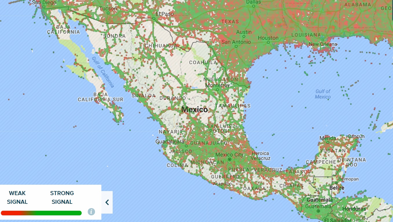 Cell service coverage map for Mexico